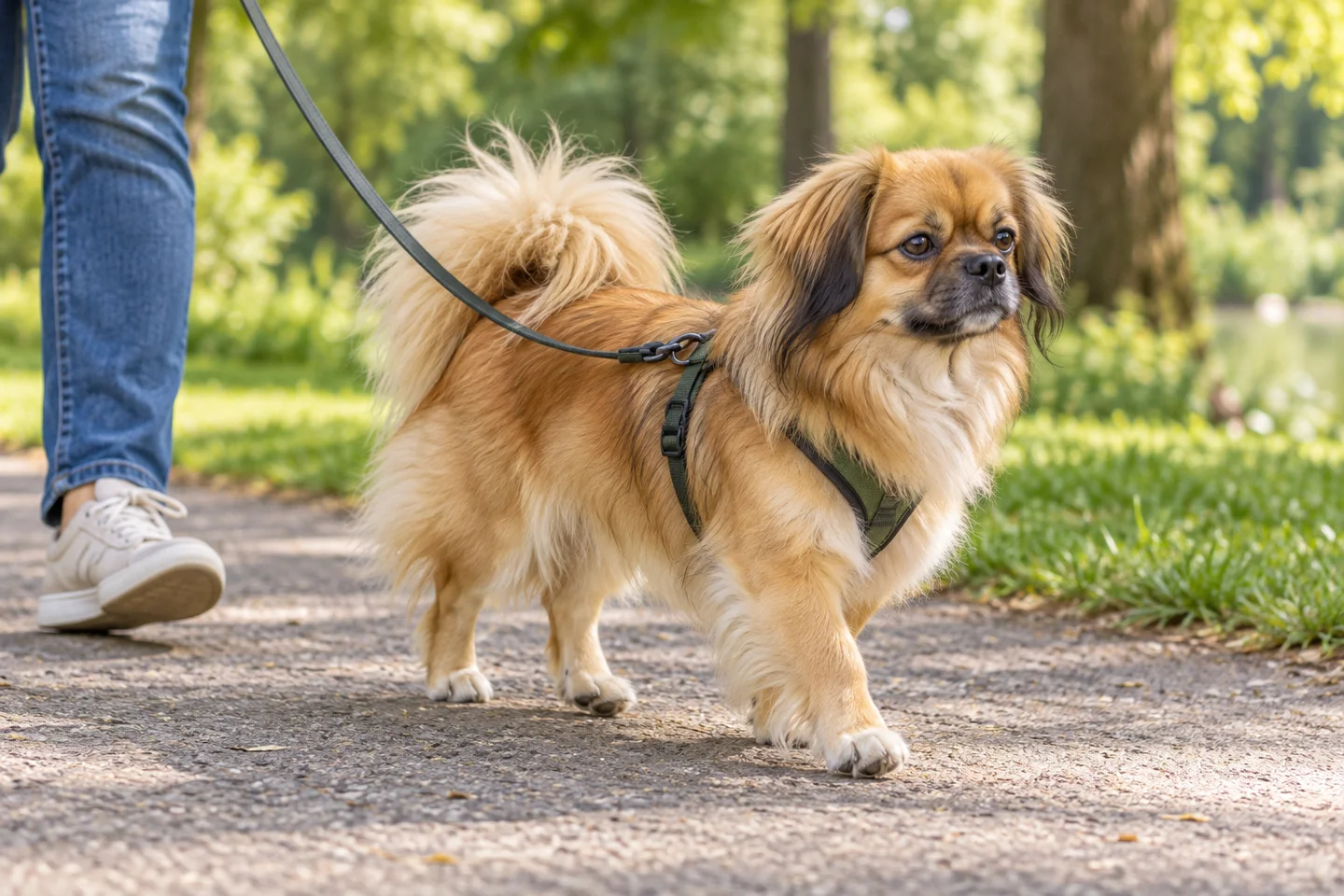 Tibetan Spaniel walking in a fitted harness with an adult handler, illustrating golden sable silky coat