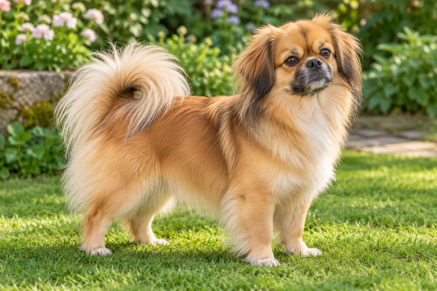 Tibetan Spaniel adult standing on level ground, illustrating golden sable silky coat