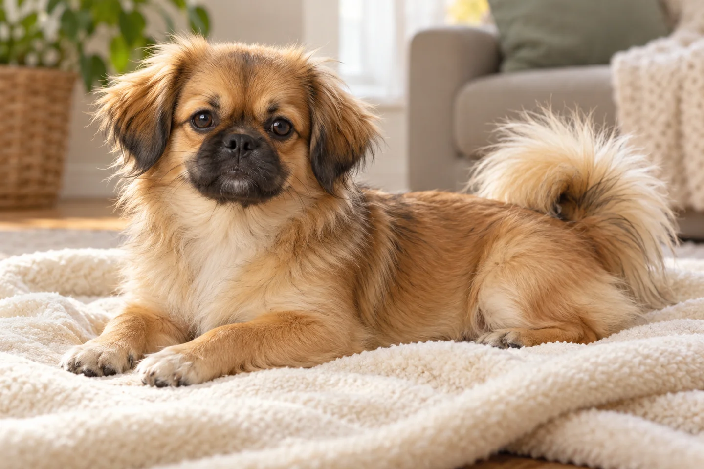 Tibetan Spaniel young puppy resting comfortably indoors, illustrating golden sable silky coat