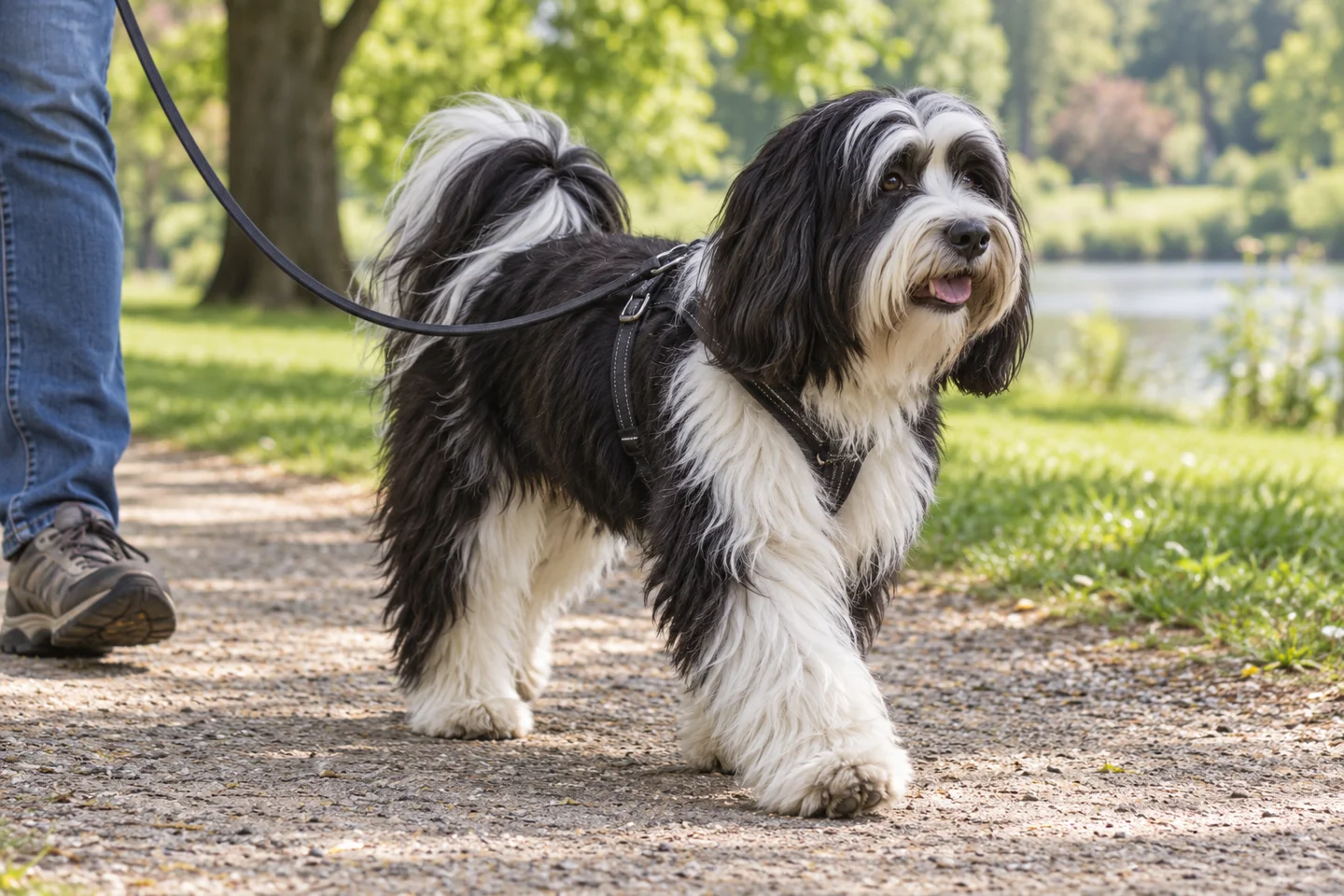 Tibetan Terrier walking in a fitted harness with an adult handler, illustrating black and white long coat