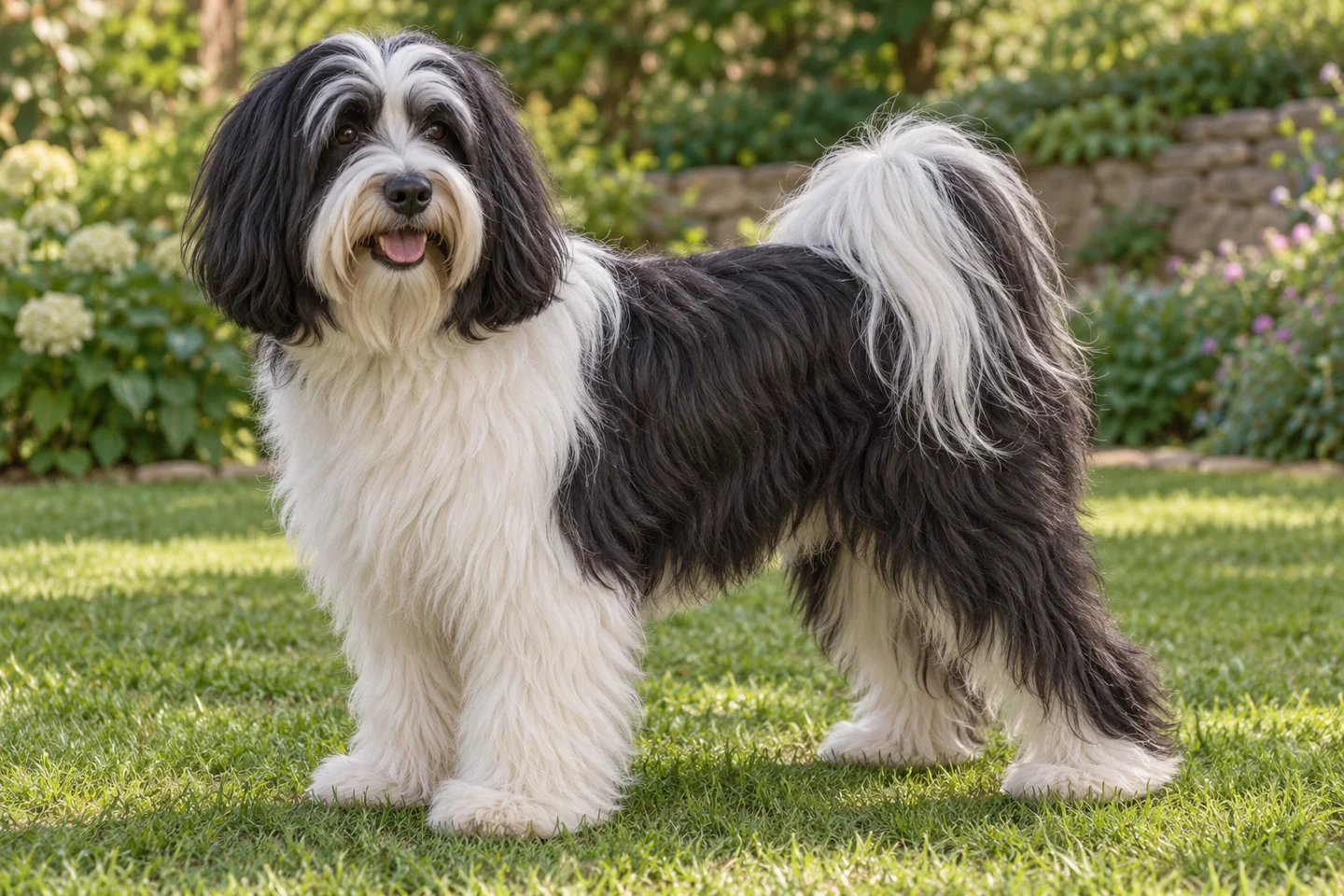 Tibetan Terrier adult standing on level ground, illustrating black and white long coat