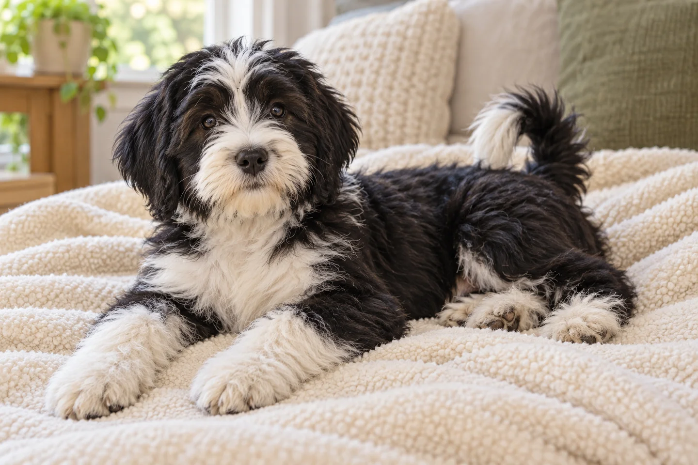 Tibetan Terrier young puppy resting comfortably indoors, illustrating black and white long coat