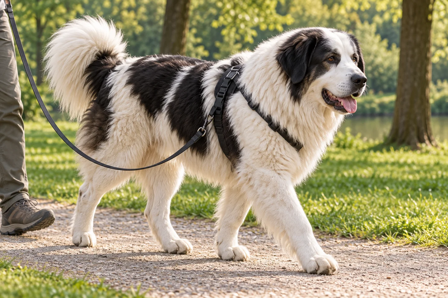 Tornjak walking in a fitted harness with an adult handler, illustrating white with black patches, long coat