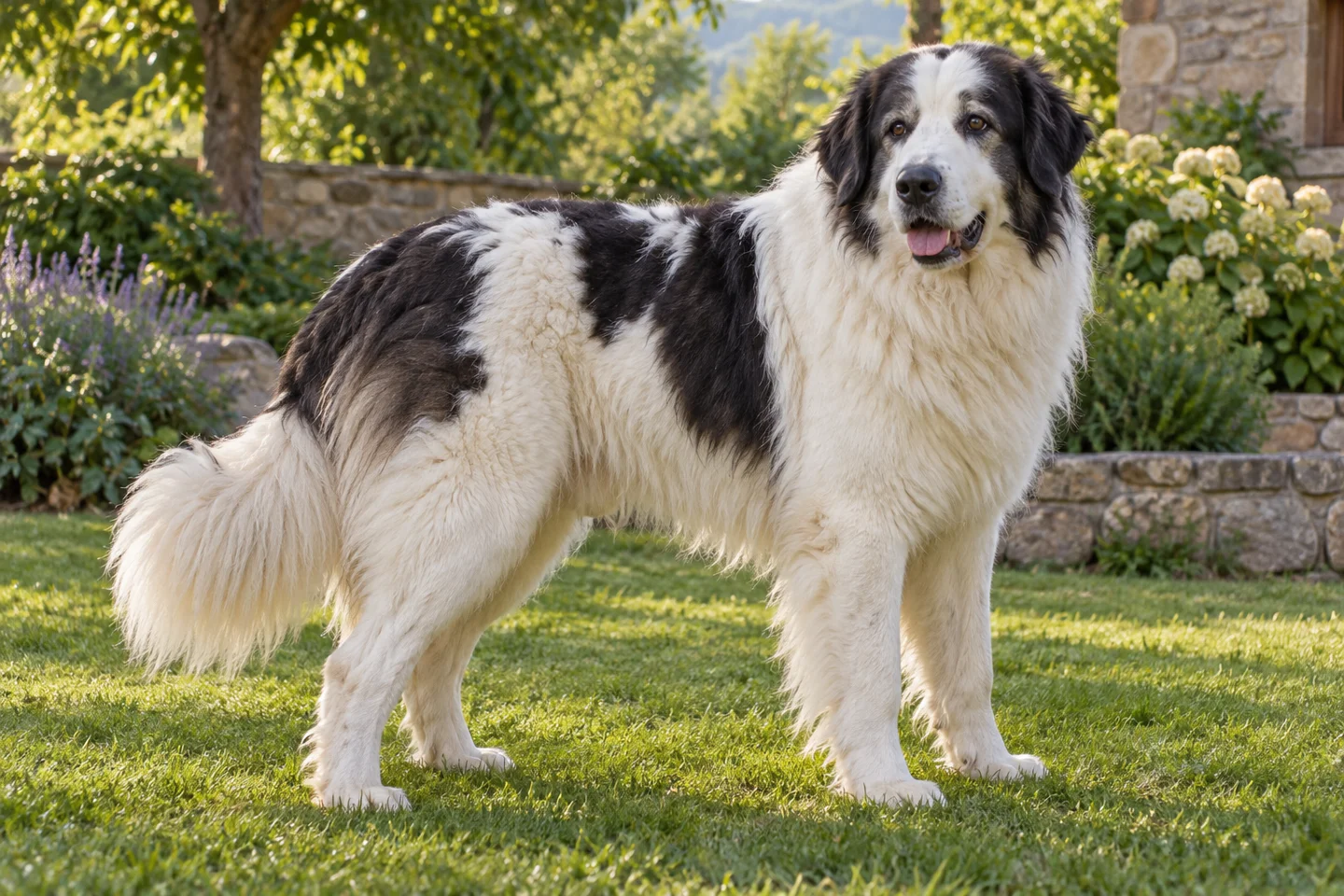 Tornjak adult standing on level ground, illustrating white with black patches, long coat