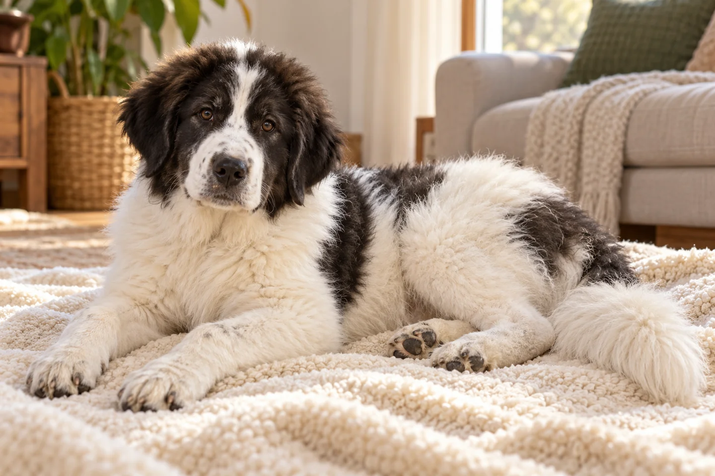 Tornjak young puppy resting comfortably indoors, illustrating white with black patches, long coat