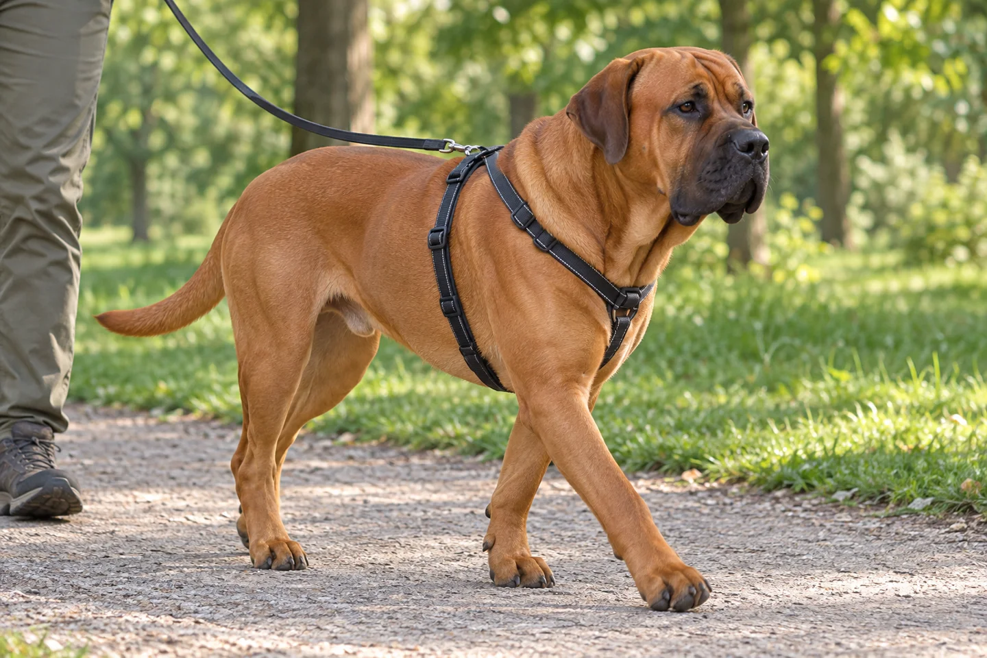 A red-fawn Tosa walking on a slack harness lead beside a capable adult in a quiet park