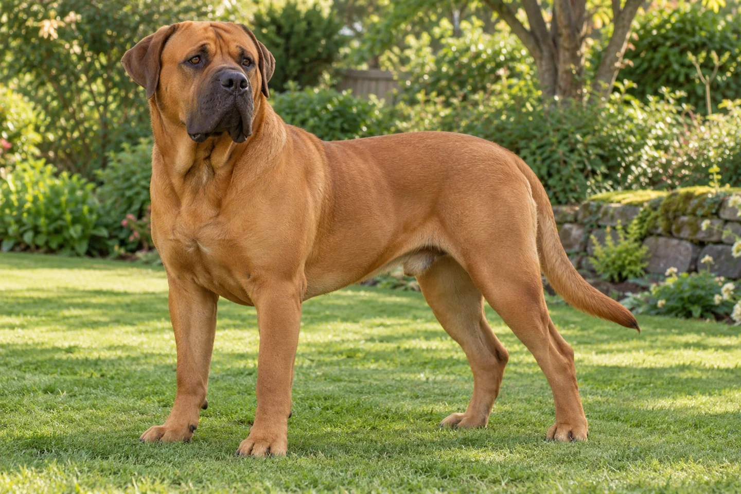 A red-fawn Tosa with natural hanging ears, proportionate head and full low tail standing in a garden