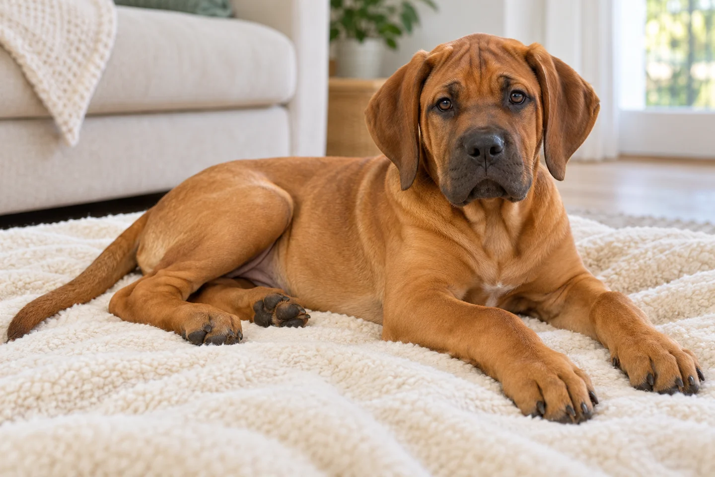 A red-fawn Tosa puppy with natural hanging ears and full tail resting on a blanket indoors