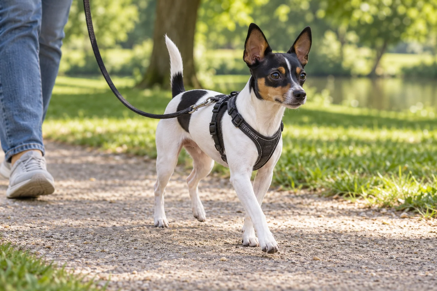 Toy Fox Terrier walking in a fitted harness with an adult handler, illustrating white, black, and tan short coat