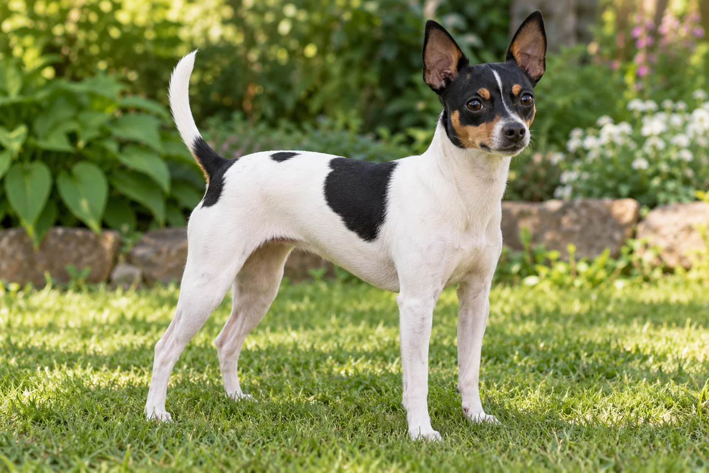 Toy Fox Terrier adult standing on level ground, illustrating white, black, and tan short coat
