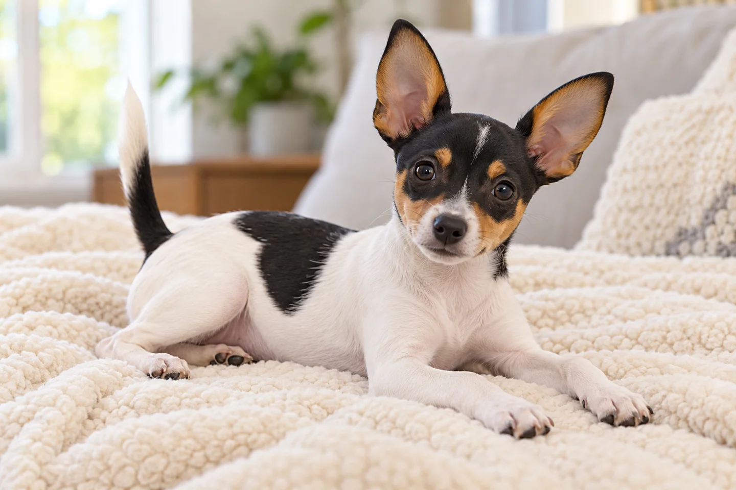 Toy Fox Terrier young puppy resting comfortably indoors, illustrating white, black, and tan short coat