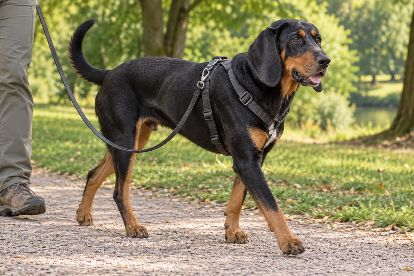 Transylvanian Hound walking in a fitted harness with an adult handler, illustrating black and tan, small white chest marking