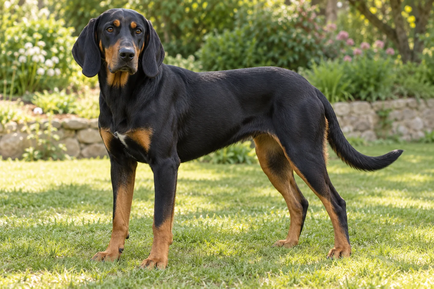 Transylvanian Hound adult standing on level ground, illustrating black and tan, small white chest marking