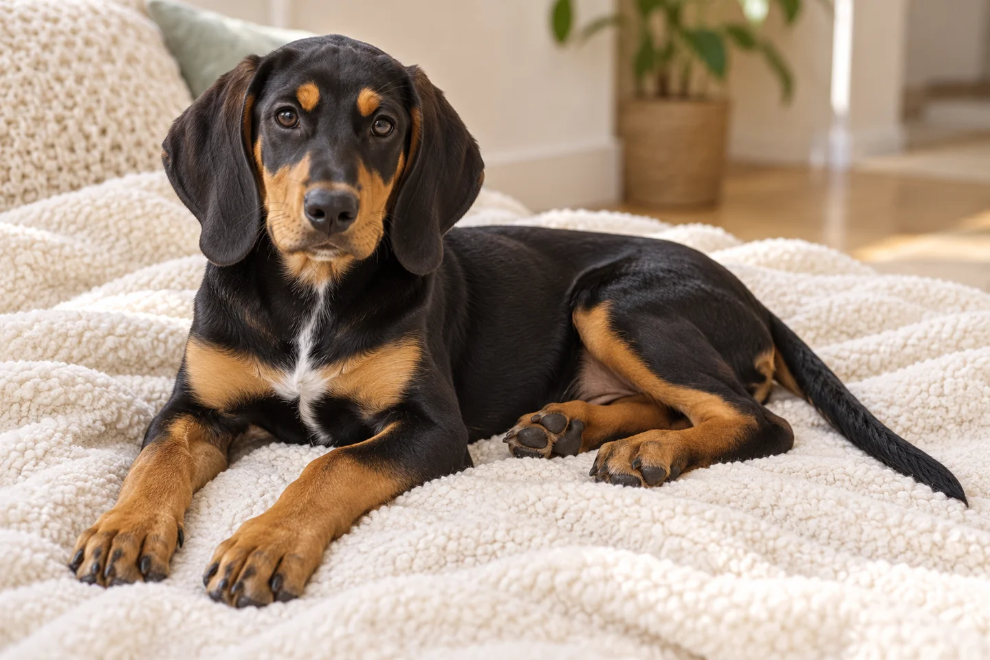 Transylvanian Hound young puppy resting comfortably indoors, illustrating black and tan, small white chest marking