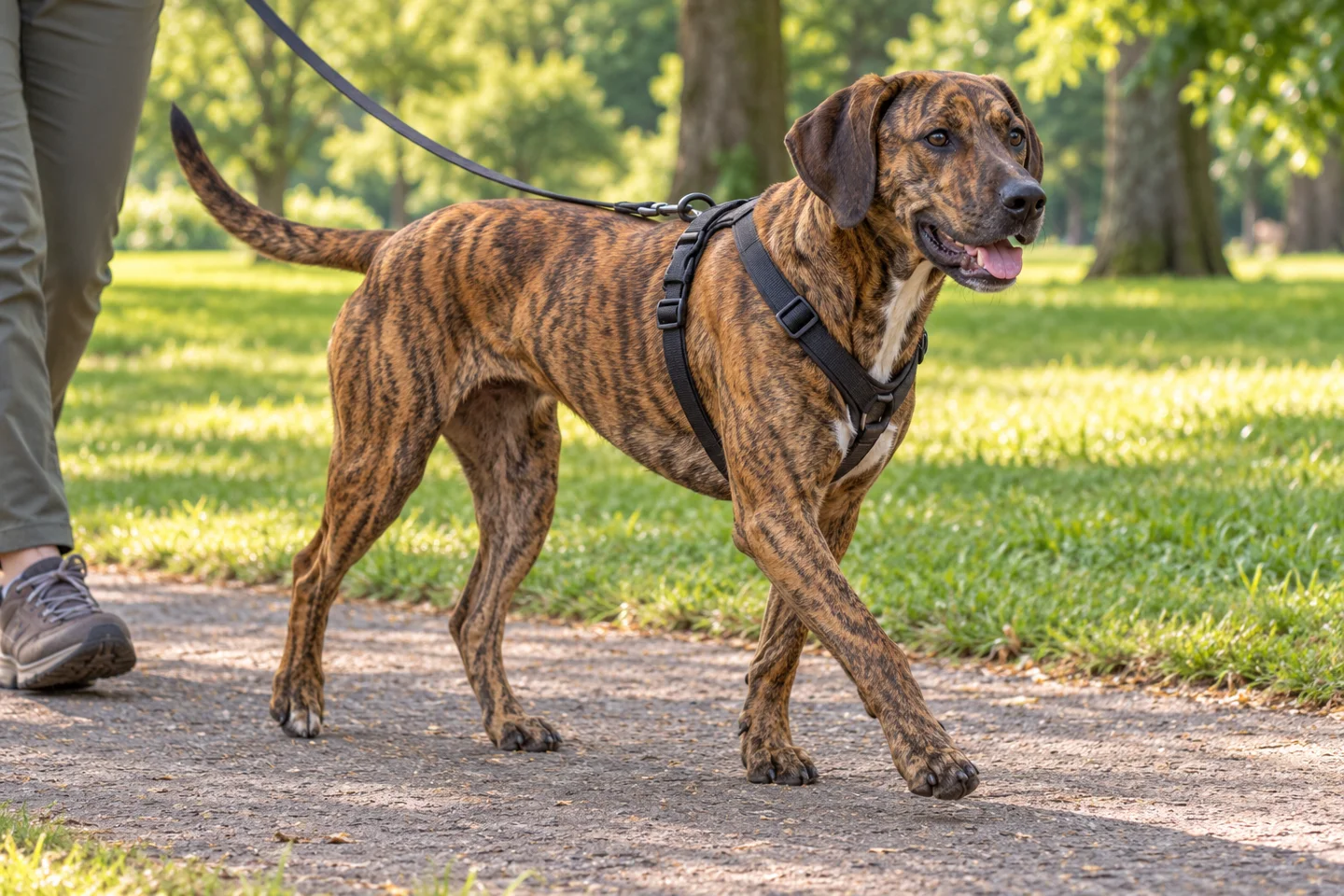 Treeing Tennessee Brindle walking in a fitted harness with an adult handler, illustrating brown brindle short coat