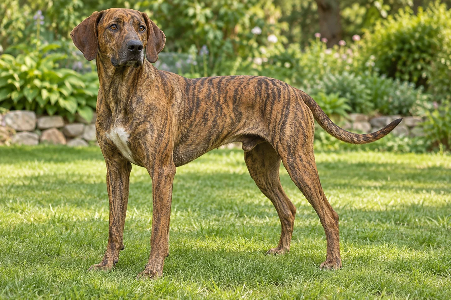 Treeing Tennessee Brindle adult standing on level ground, illustrating brown brindle short coat