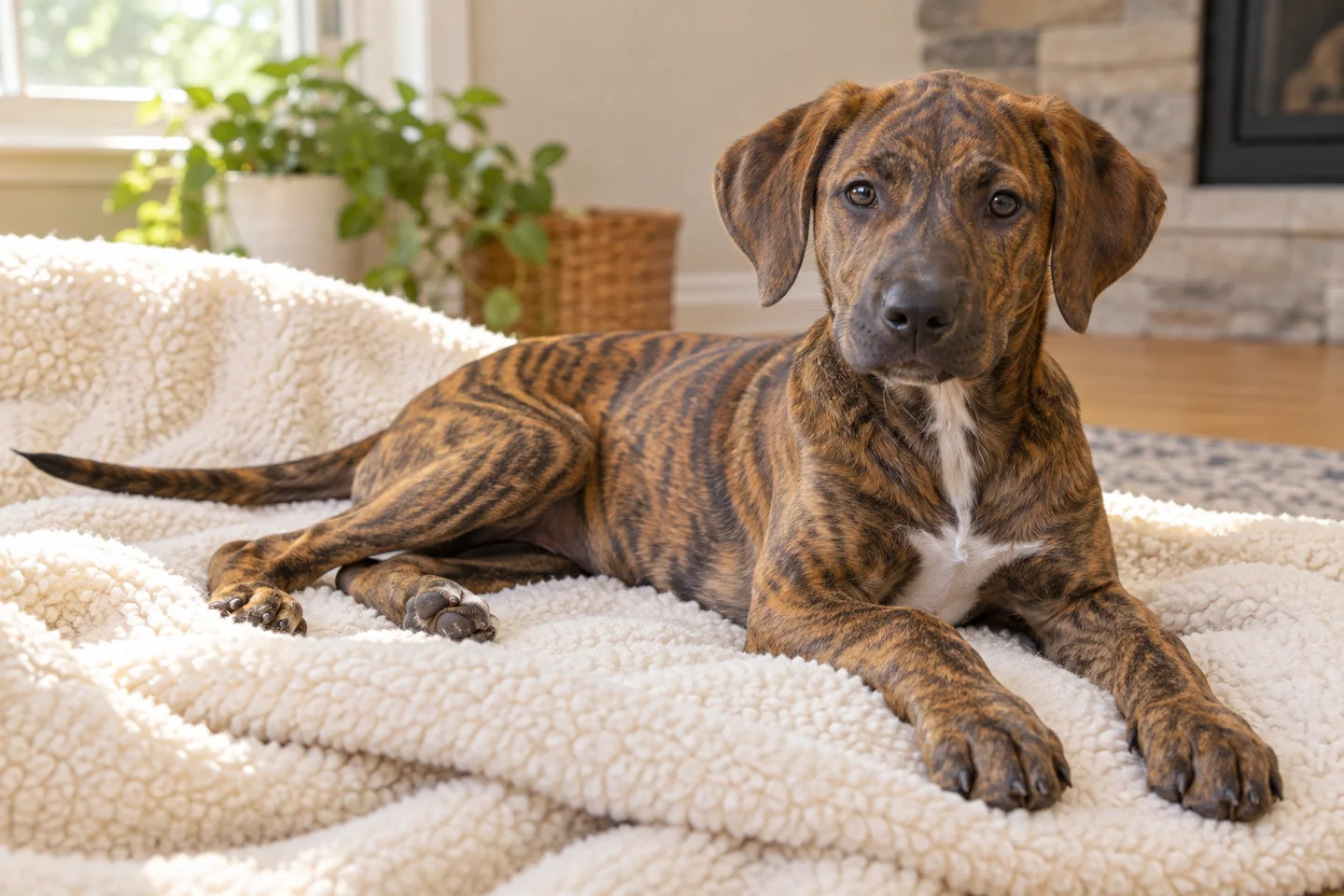 Treeing Tennessee Brindle young puppy resting comfortably indoors, illustrating brown brindle short coat
