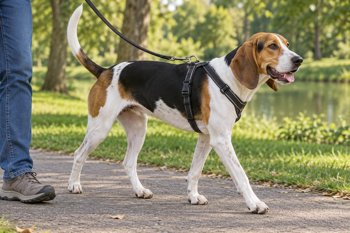 Treeing Walker Coonhound walking in a fitted harness with an adult handler, illustrating white, black, and tan short coat