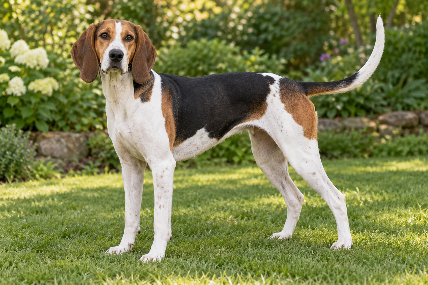 Treeing Walker Coonhound adult standing on level ground, illustrating white, black, and tan short coat