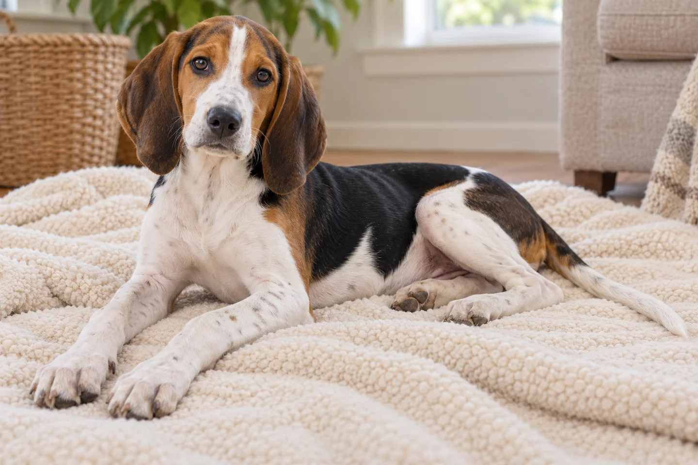 Treeing Walker Coonhound young puppy resting comfortably indoors, illustrating white, black, and tan short coat