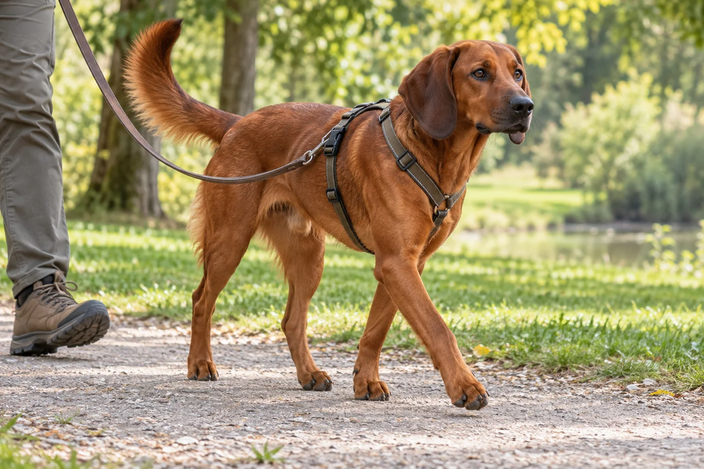 Tyrolean Hound walking in a fitted harness with an adult handler, illustrating solid deer-red dense coat