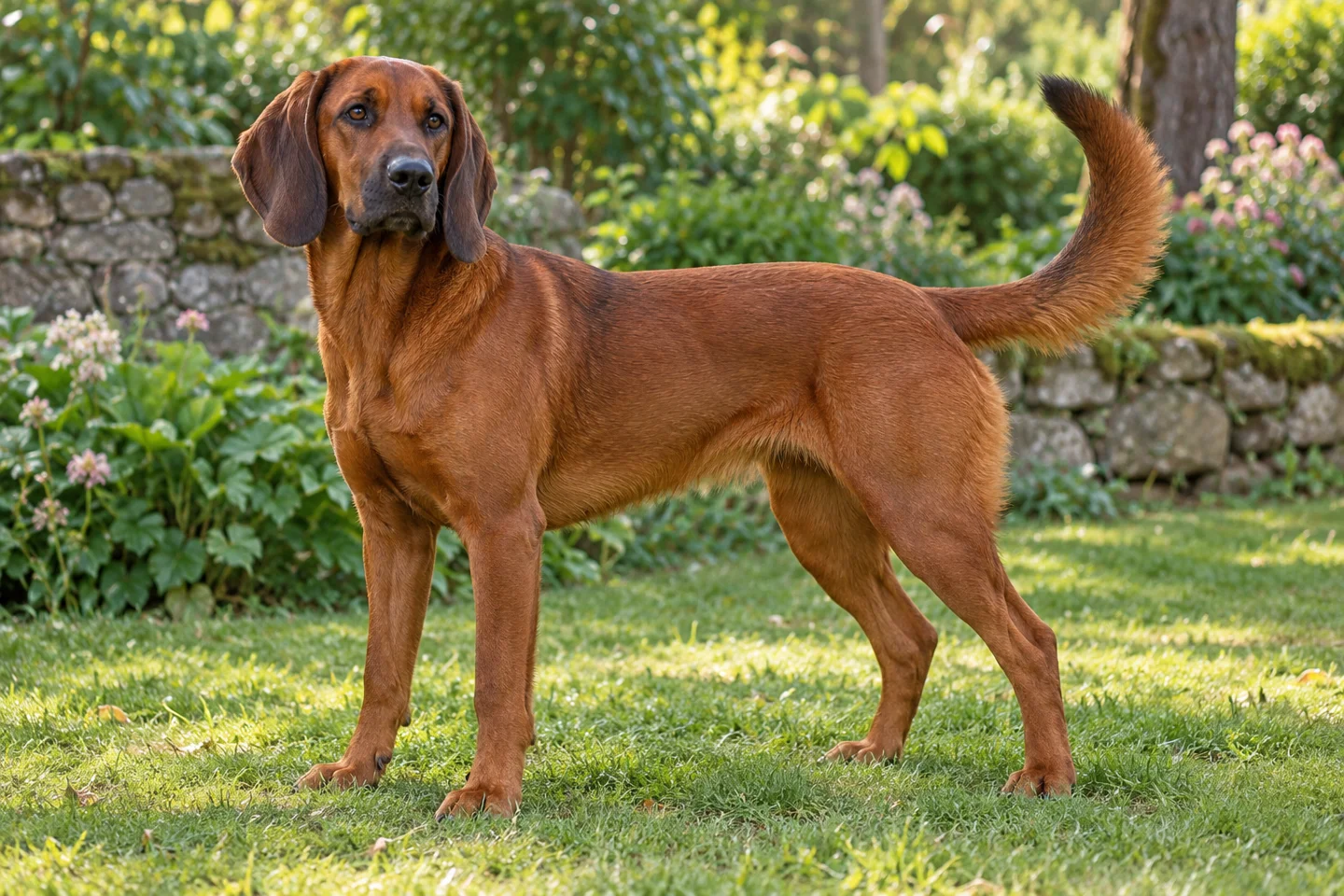 Tyrolean Hound adult standing on level ground, illustrating solid deer-red dense coat
