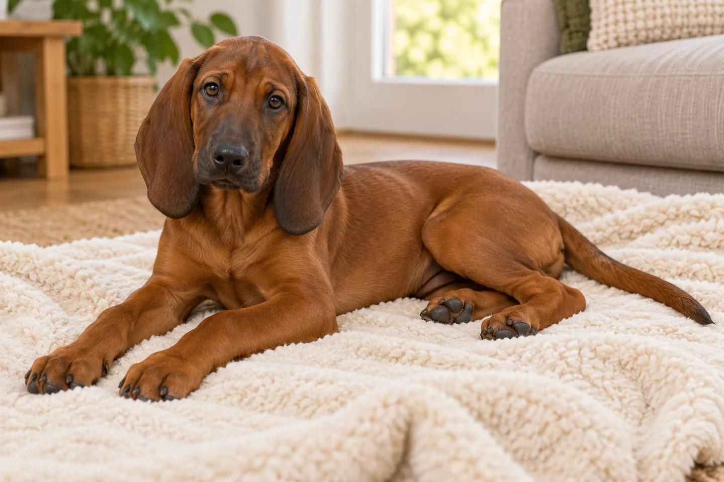 Tyrolean Hound young puppy resting comfortably indoors, illustrating solid deer-red dense coat