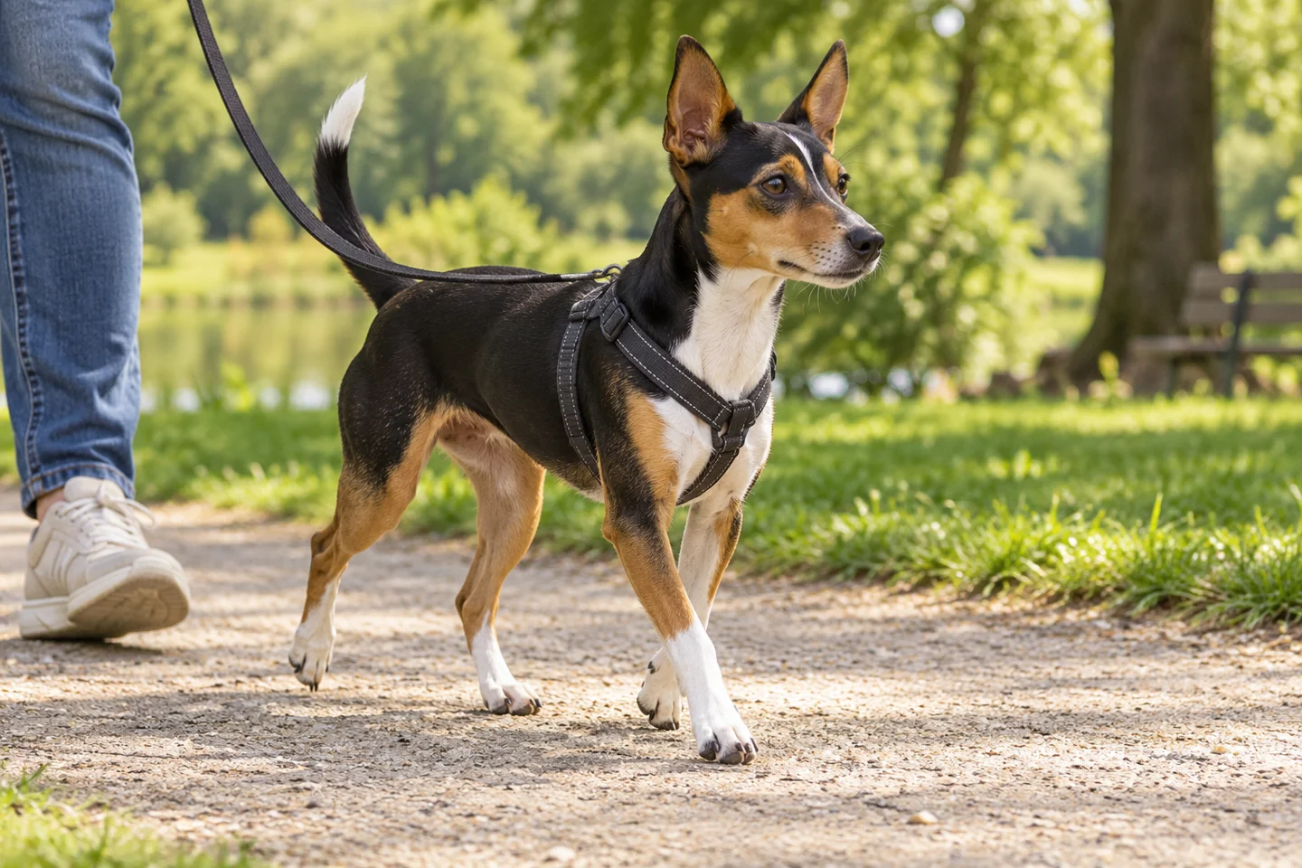 Valencian Terrier adult walking in a harness beside an adult handler, showing the selected breed type