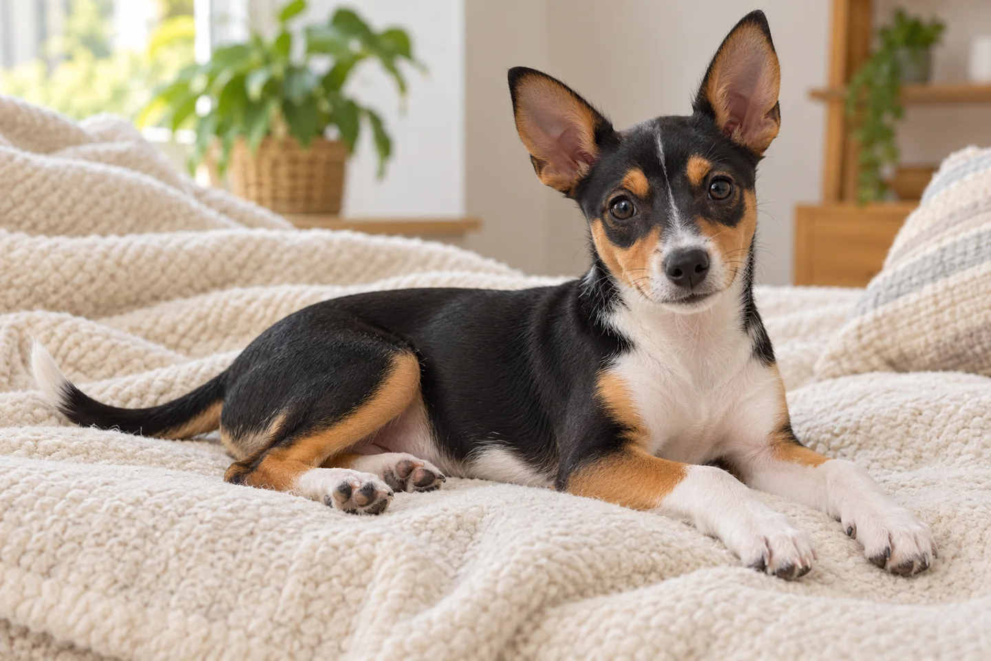 Valencian Terrier young dog resting indoors, showing the selected breed type