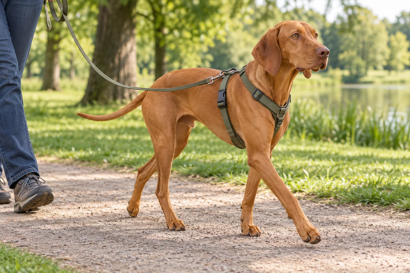 Vizsla adult walking in a harness beside an adult handler, showing the selected breed type