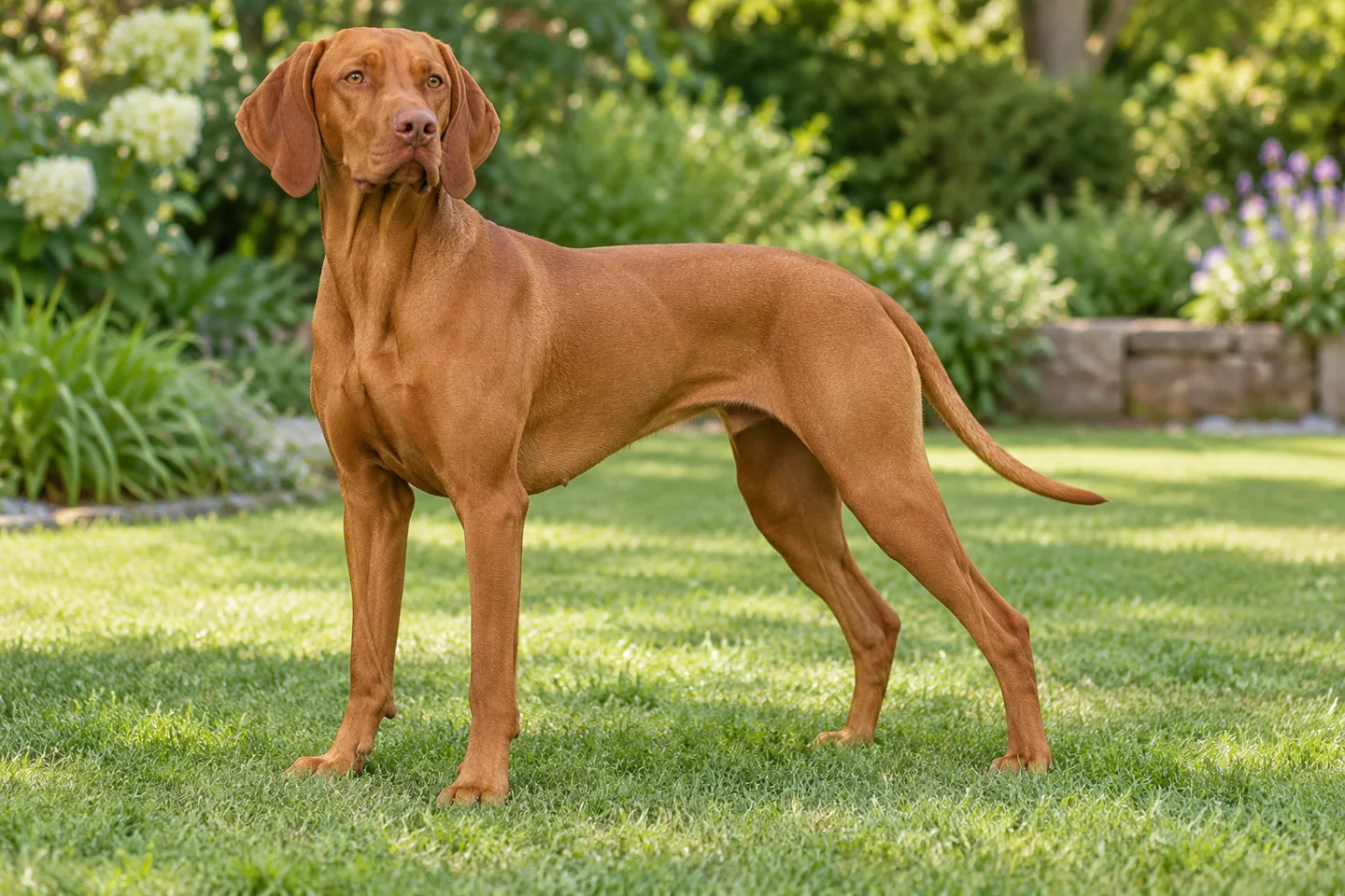Vizsla adult standing in a quiet outdoor setting, showing the selected breed type
