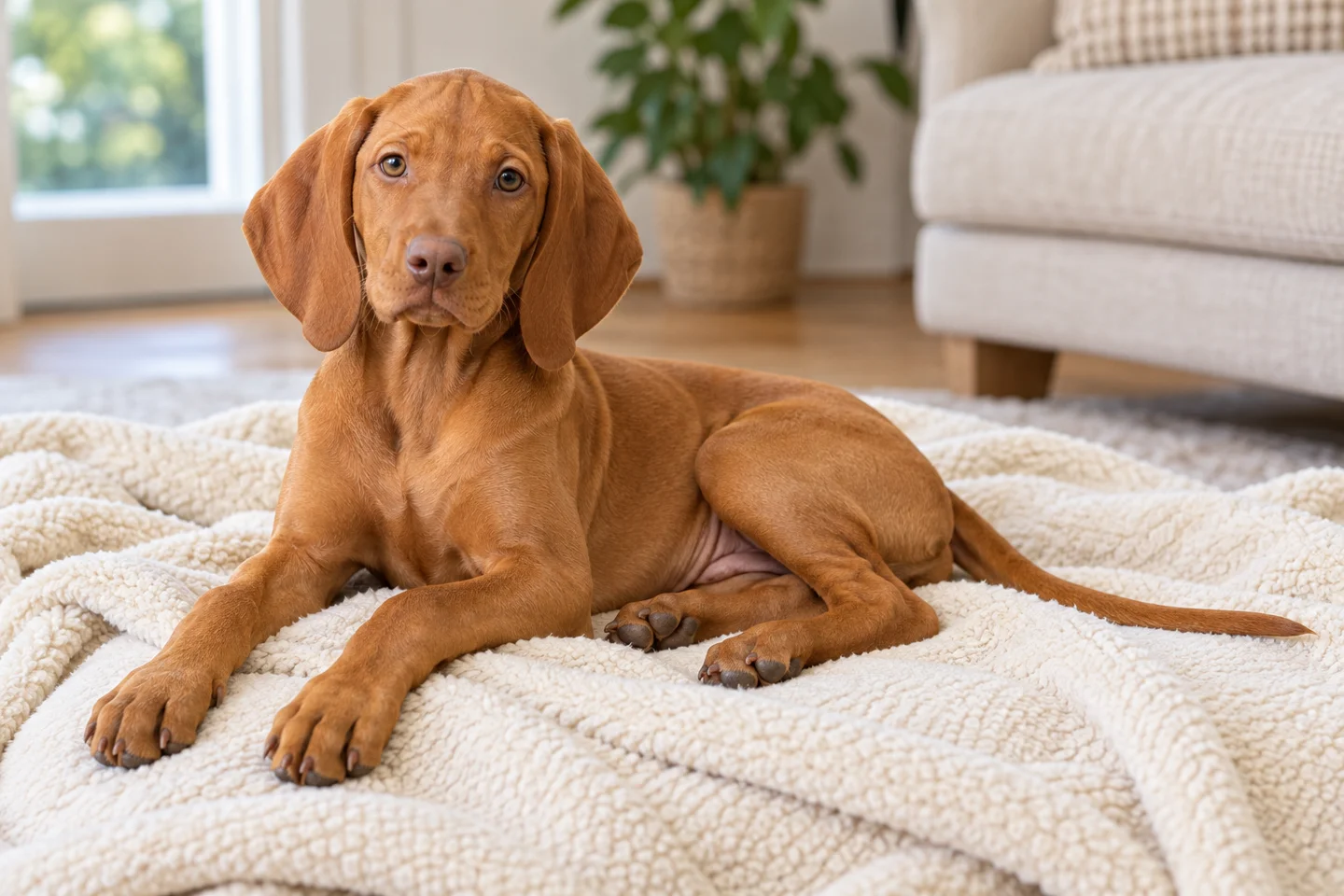 Vizsla young dog resting indoors, showing the selected breed type