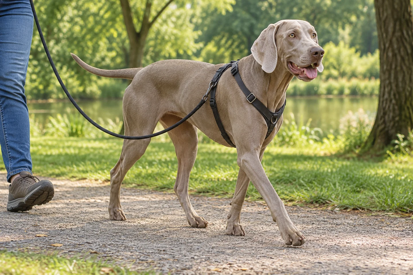 Weimaraner adult walking in a harness beside an adult handler, showing the selected breed type