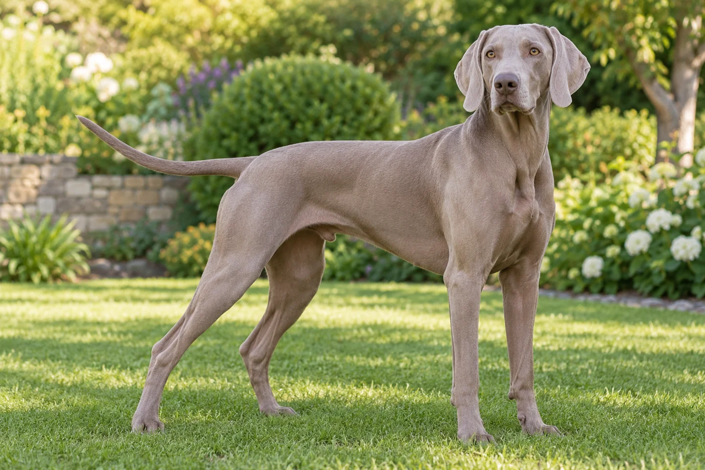 Weimaraner adult standing in a quiet outdoor setting, showing the selected breed type
