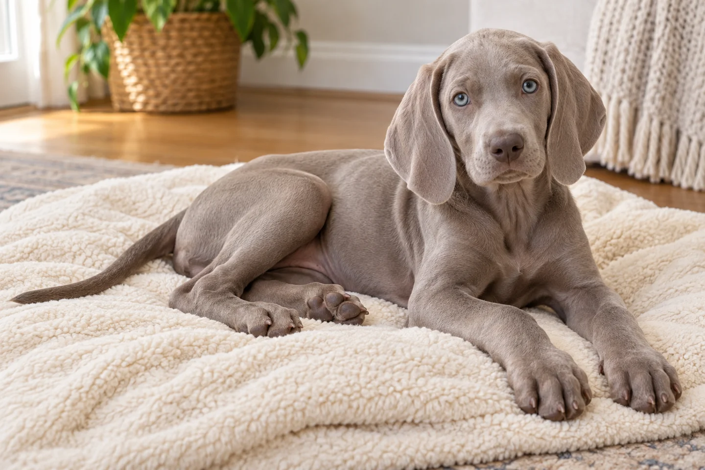 Weimaraner young dog resting indoors, showing the selected breed type