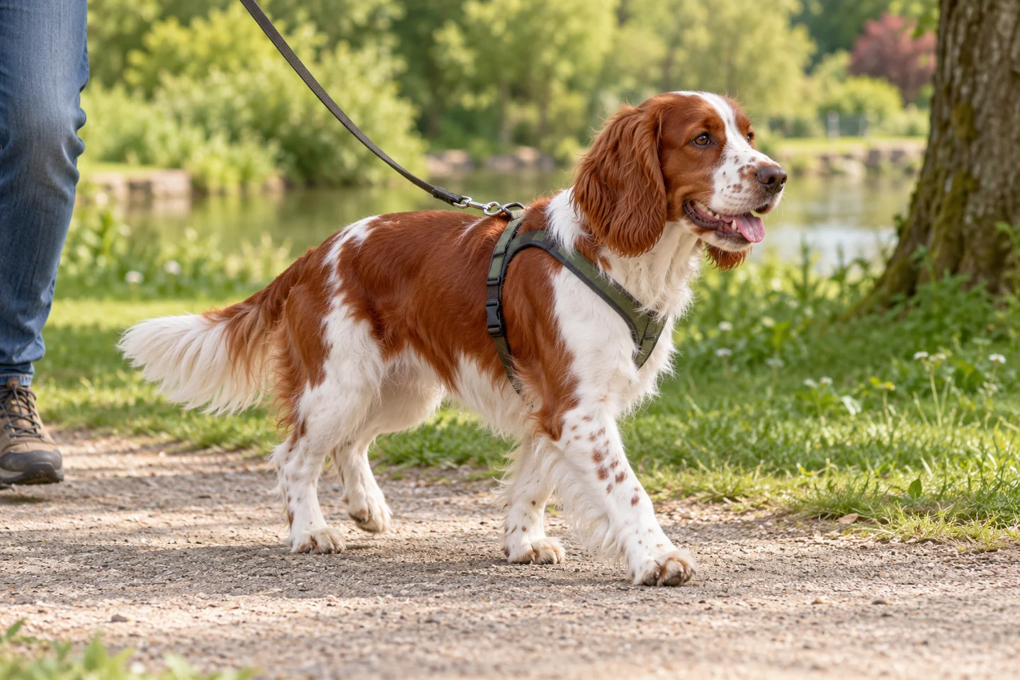 Welsh Springer Spaniel adult walking in a harness beside an adult handler, showing the selected breed type