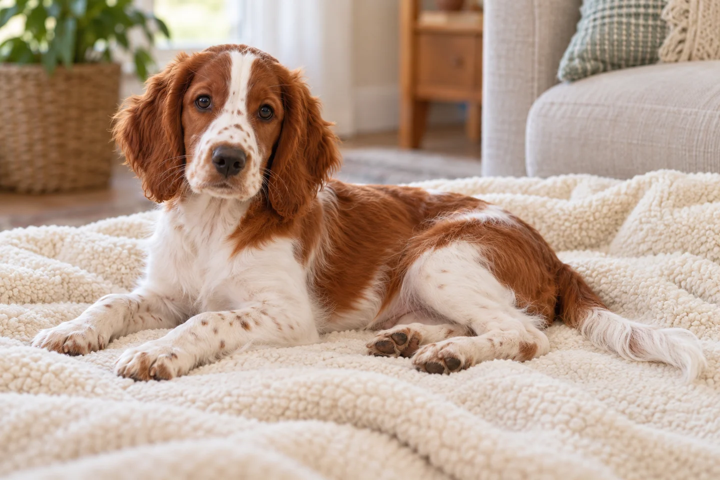Welsh Springer Spaniel young dog resting indoors, showing the selected breed type