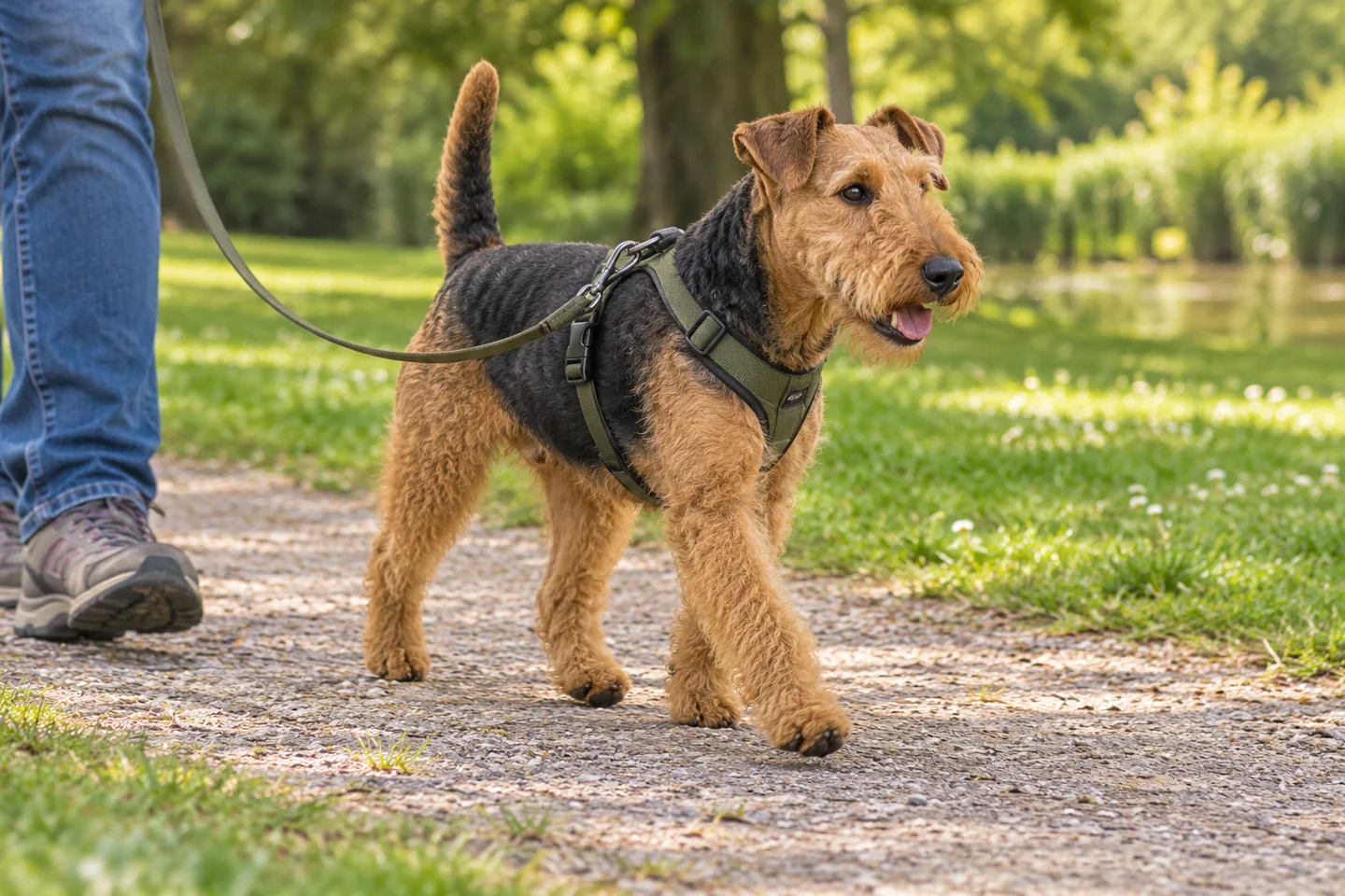 Welsh Terrier adult walking in a harness beside an adult handler, showing the selected breed type