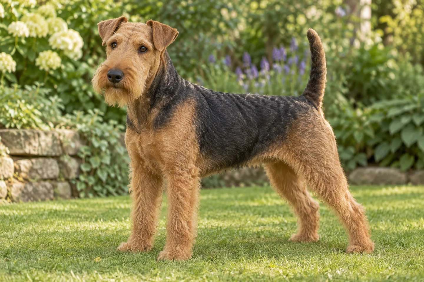 Welsh Terrier adult standing in a quiet outdoor setting, showing the selected breed type