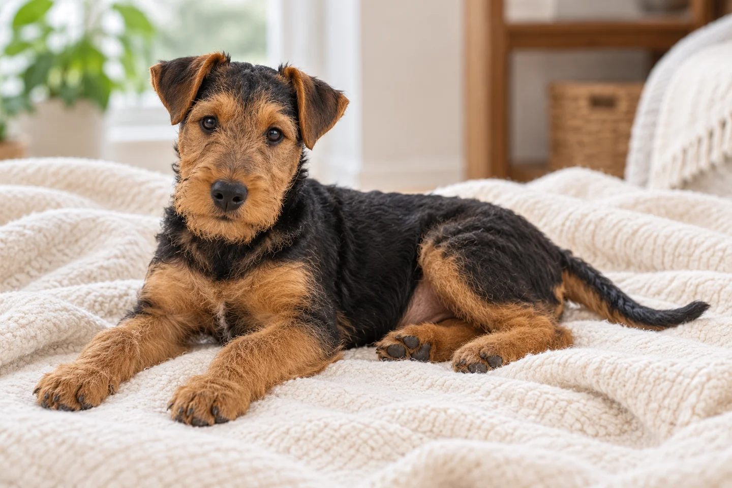 Welsh Terrier young dog resting indoors, showing the selected breed type