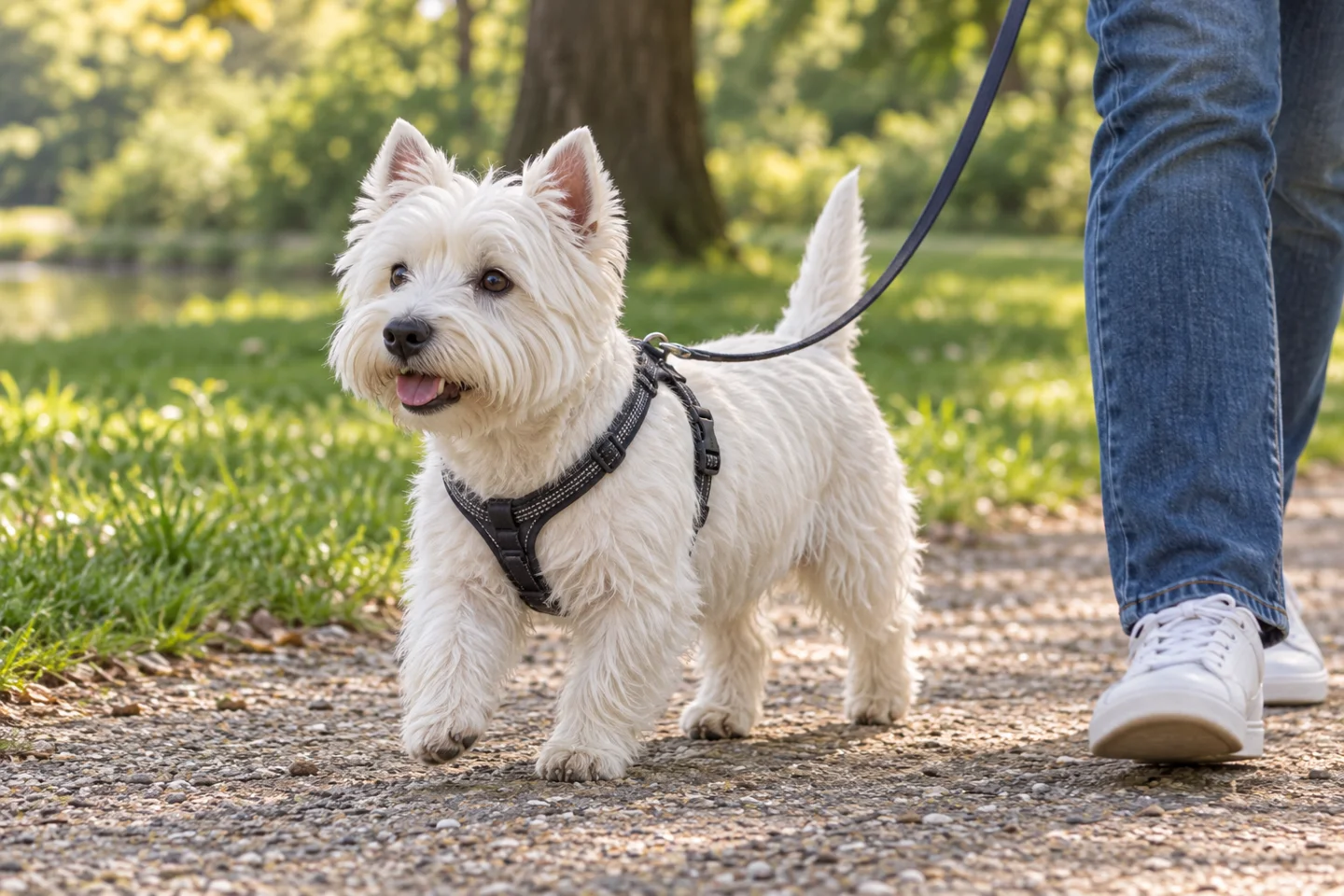 West Highland White Terrier adult walking in a harness beside an adult handler, showing the selected breed type