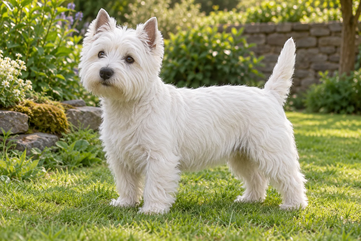 West Highland White Terrier adult standing in a quiet outdoor setting, showing the selected breed type