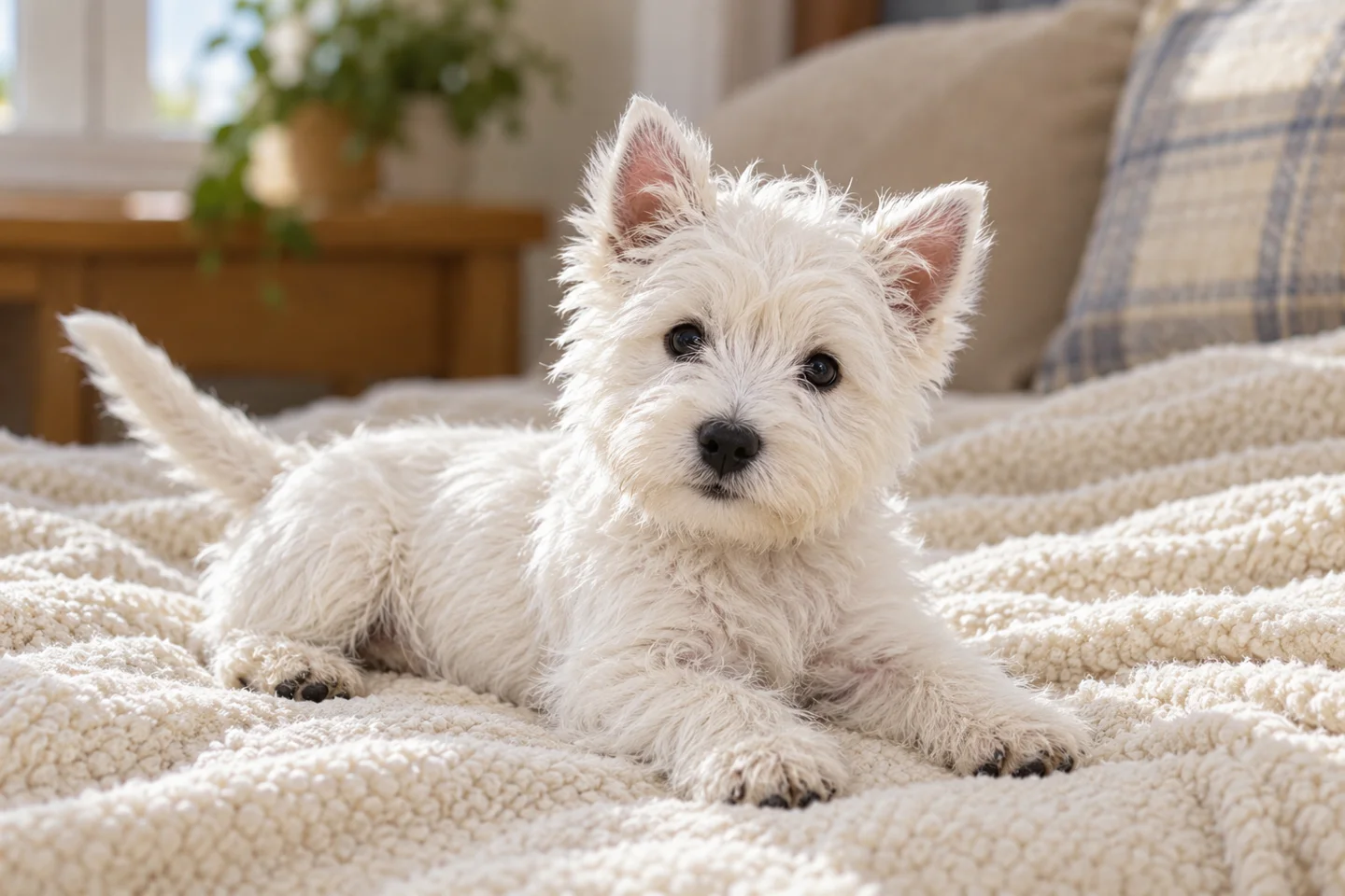West Highland White Terrier young dog resting indoors, showing the selected breed type
