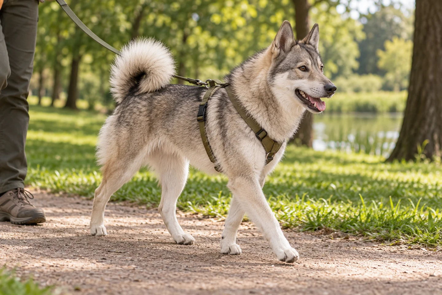 West Siberian Laika adult walking in a harness beside an adult handler, showing the selected breed type