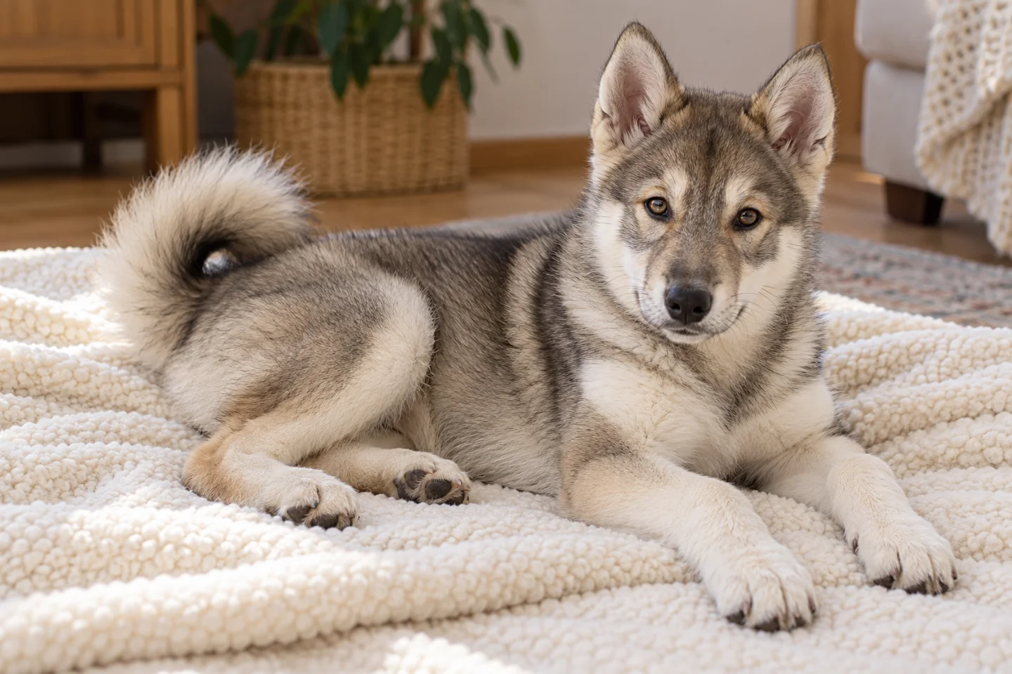 West Siberian Laika young dog resting indoors, showing the selected breed type