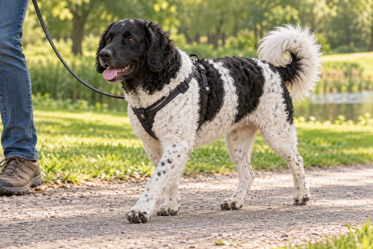 Wetterhoun adult walking in a harness beside an adult handler, showing the selected breed type