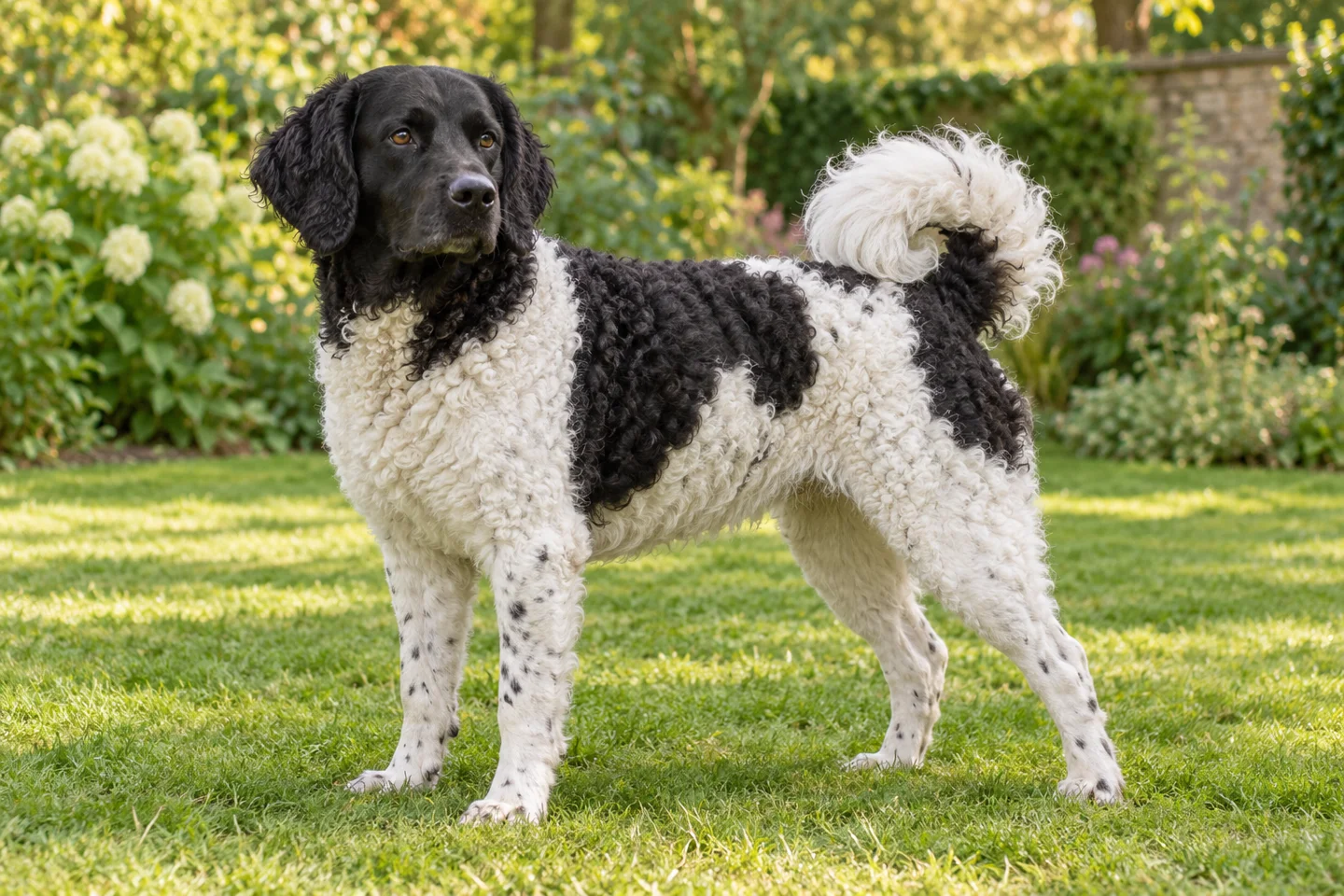 Wetterhoun adult standing in a quiet outdoor setting, showing the selected breed type
