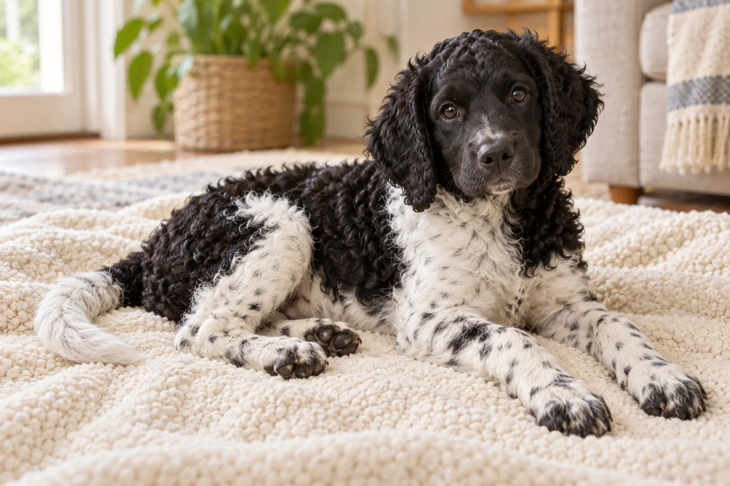 Wetterhoun young dog resting indoors, showing the selected breed type