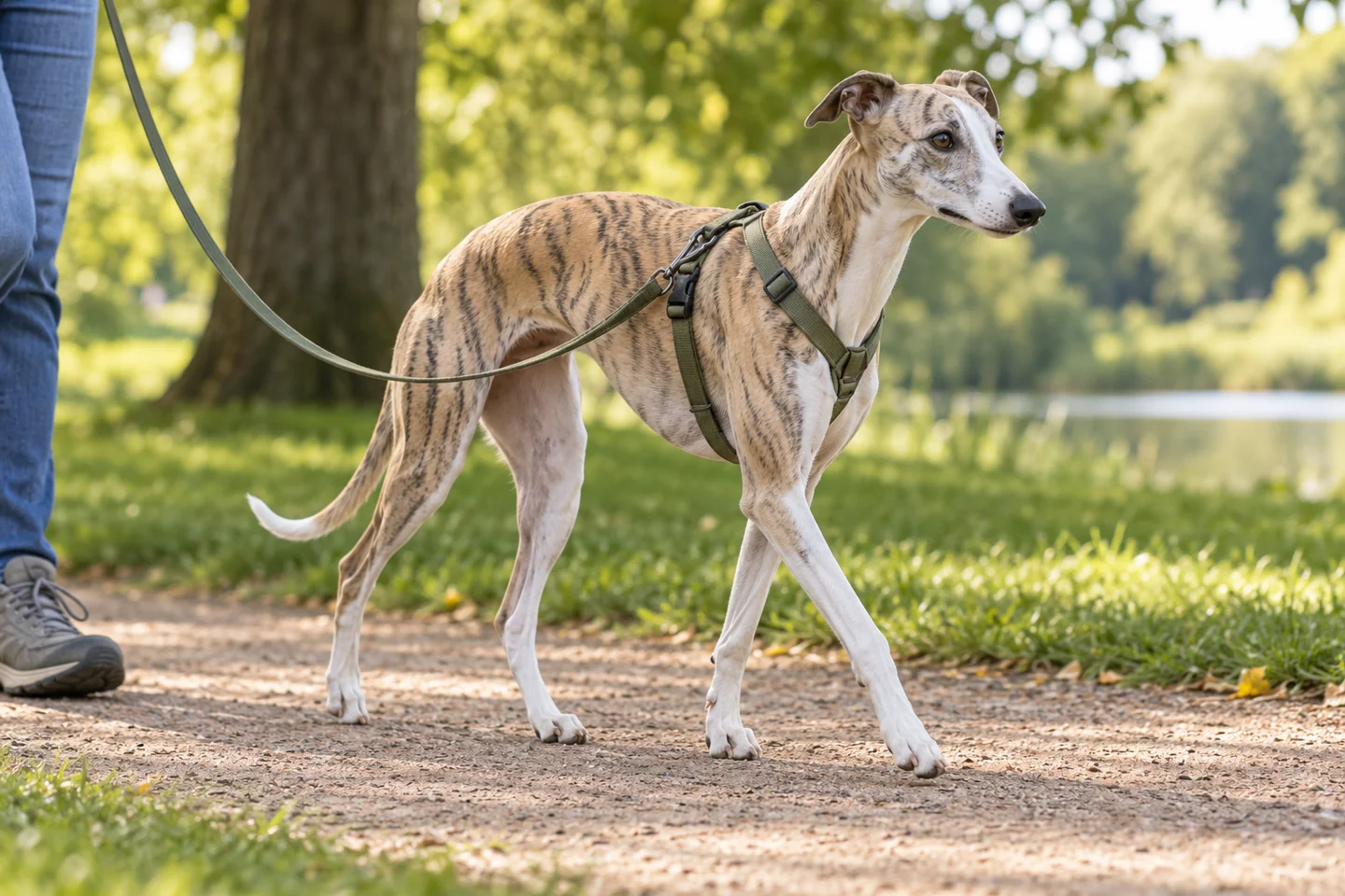 A fawn-brindle-and-white Whippet walking on a slack harness lead beside an adult in a quiet park