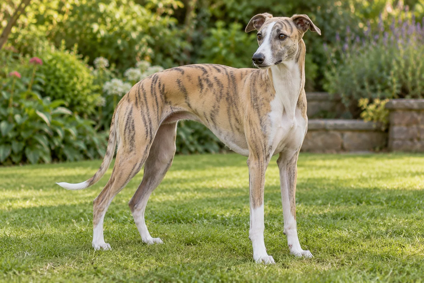 A fawn-brindle-and-white Whippet with natural rose ears and a full fine tail standing in a garden